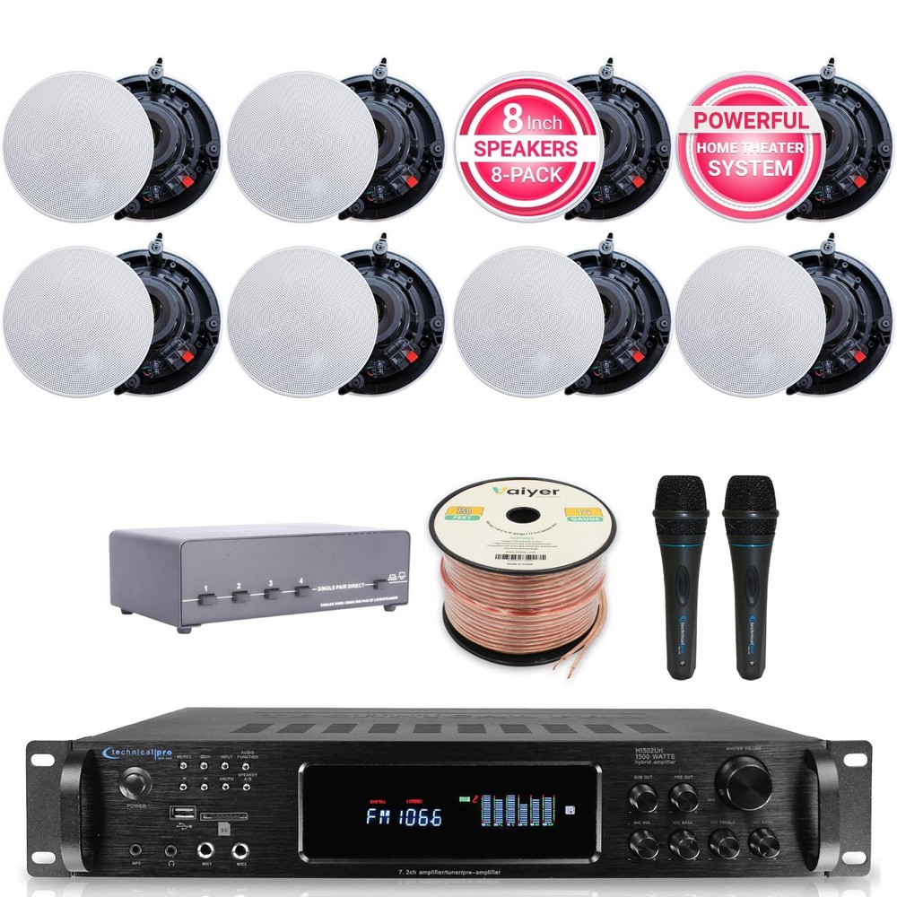 Technical Pro 7.2Ch 1500W Bluetooth Amp 8x5.25" Ceiling Speakers, Selector, Mics