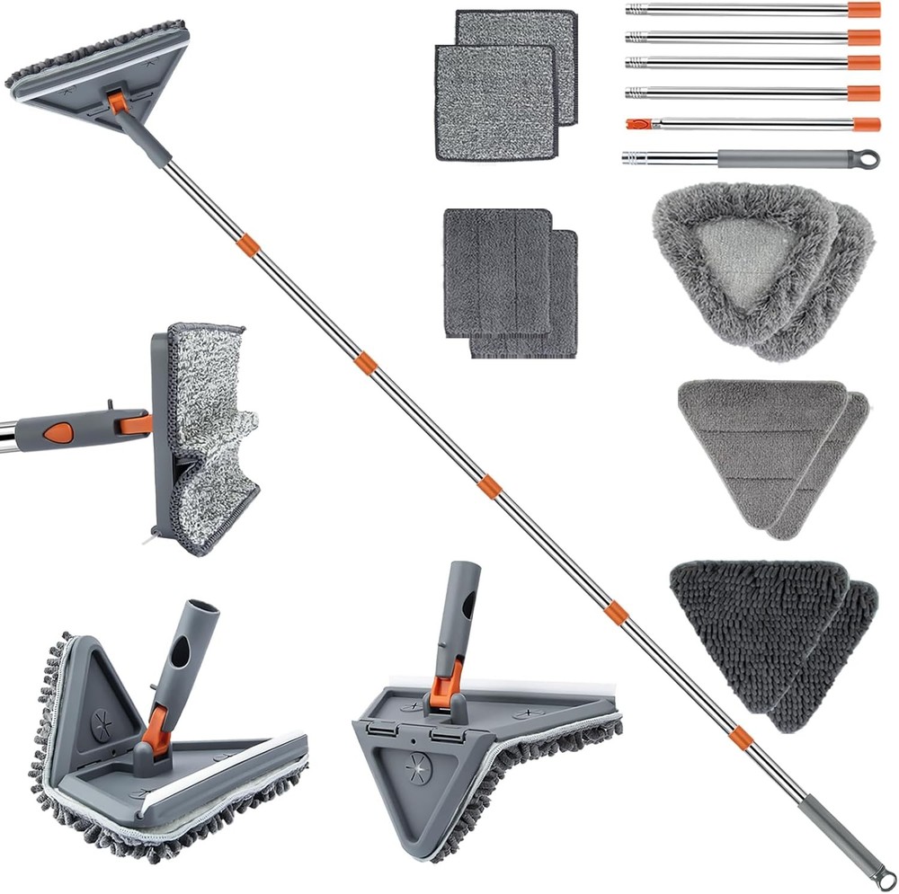 Wall Cleaner Mop with 94" Long Handle, 2-in-1 Triangle & Rectangle Head