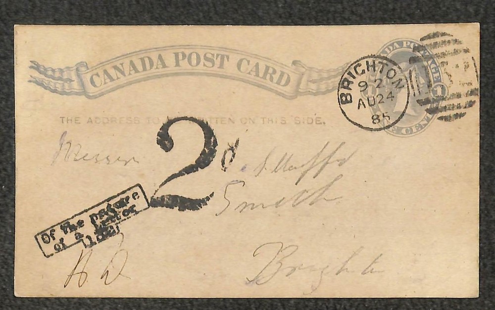 CANADA H&G 5 POSTAL CARD BRIGHTON LOCAL USAGE POSTAGE DUE 1885