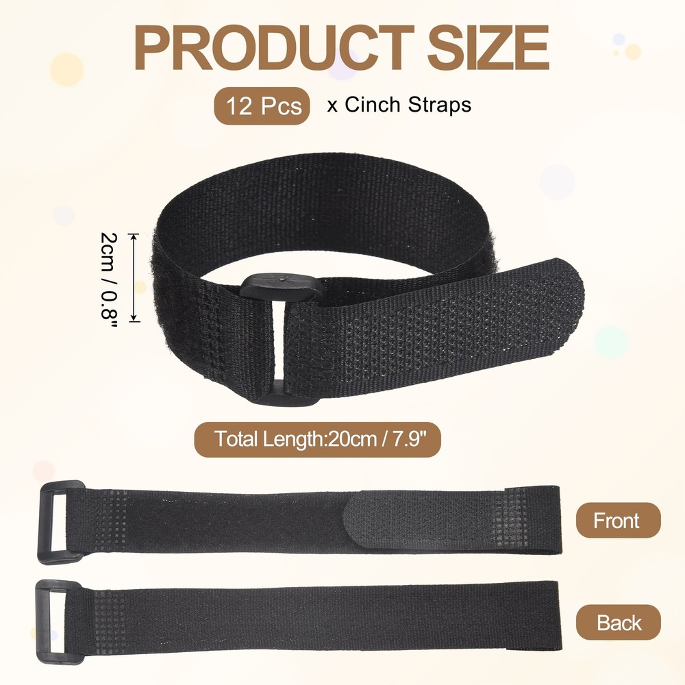12pcs Reusable Cinch Straps 0.8"x7.9" Hook and Loop Cable Securing Straps, Black