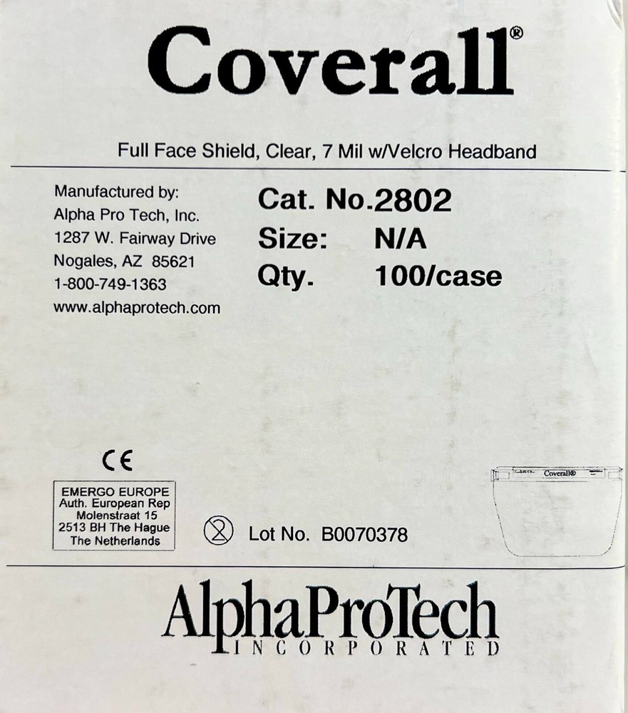 100/case Coverall Full Face Shield, Alpha ProTech 2802, Clear, 7 Mil