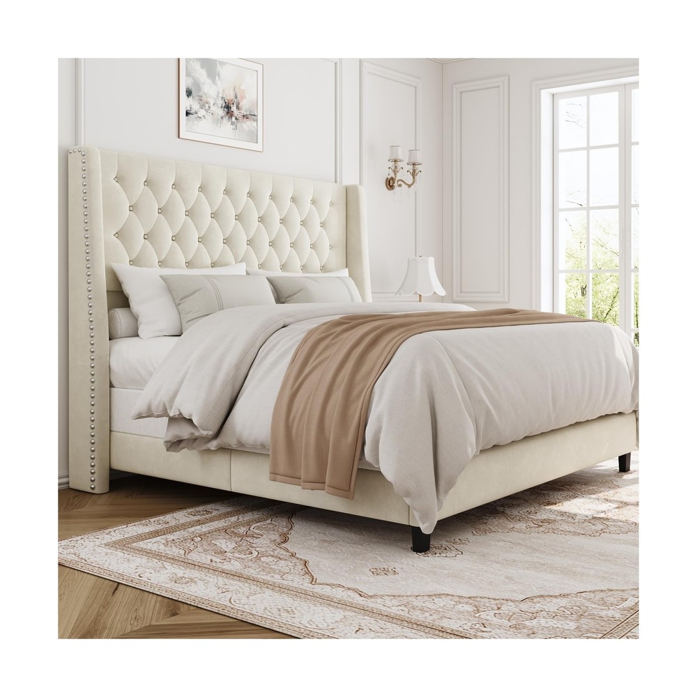 Queen Bed Frame with 55" Tall Headboard, Upholstered Bed Frames, Soft Fabric,...