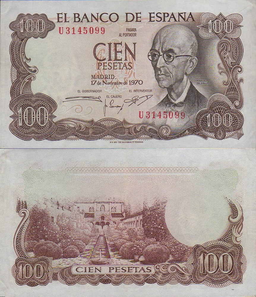 ERROR 100 Pesetas year 1970. Manuel de Falla. U Series.