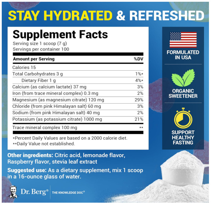 Dr. Berg Zero Sugar Keto Electrolyte Powder, Raspberry Lemon, 100 Servings