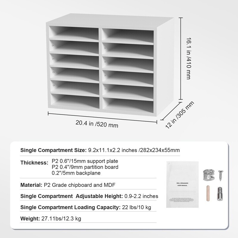 12 Compartment Wood File Sorter Adjustable Document Organizer Office Storage New