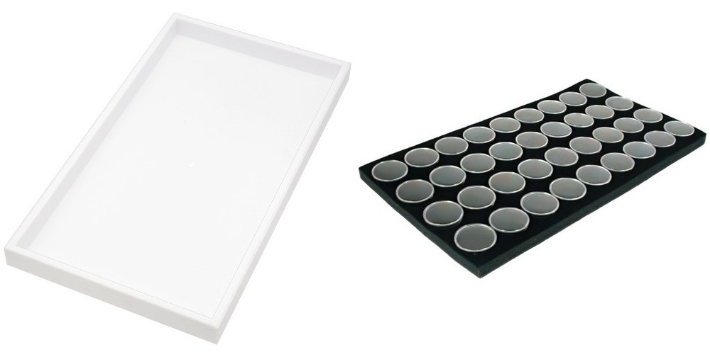 White Plastic Stackable Jewelry Display Tray w/ Black 36 Gem Jar Insert