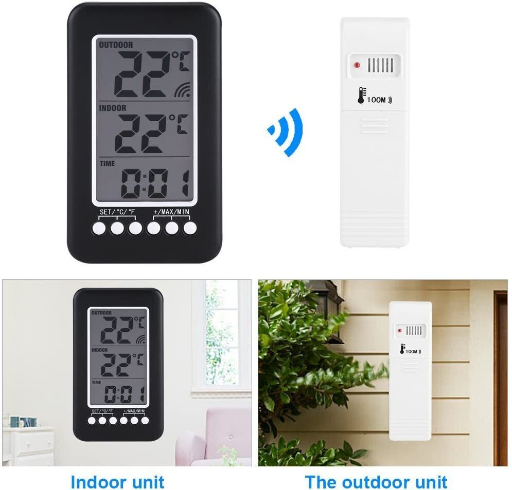 Digital Thermometer Clock Temperature Indoor/Outdoor Wireless Transmitter Meter