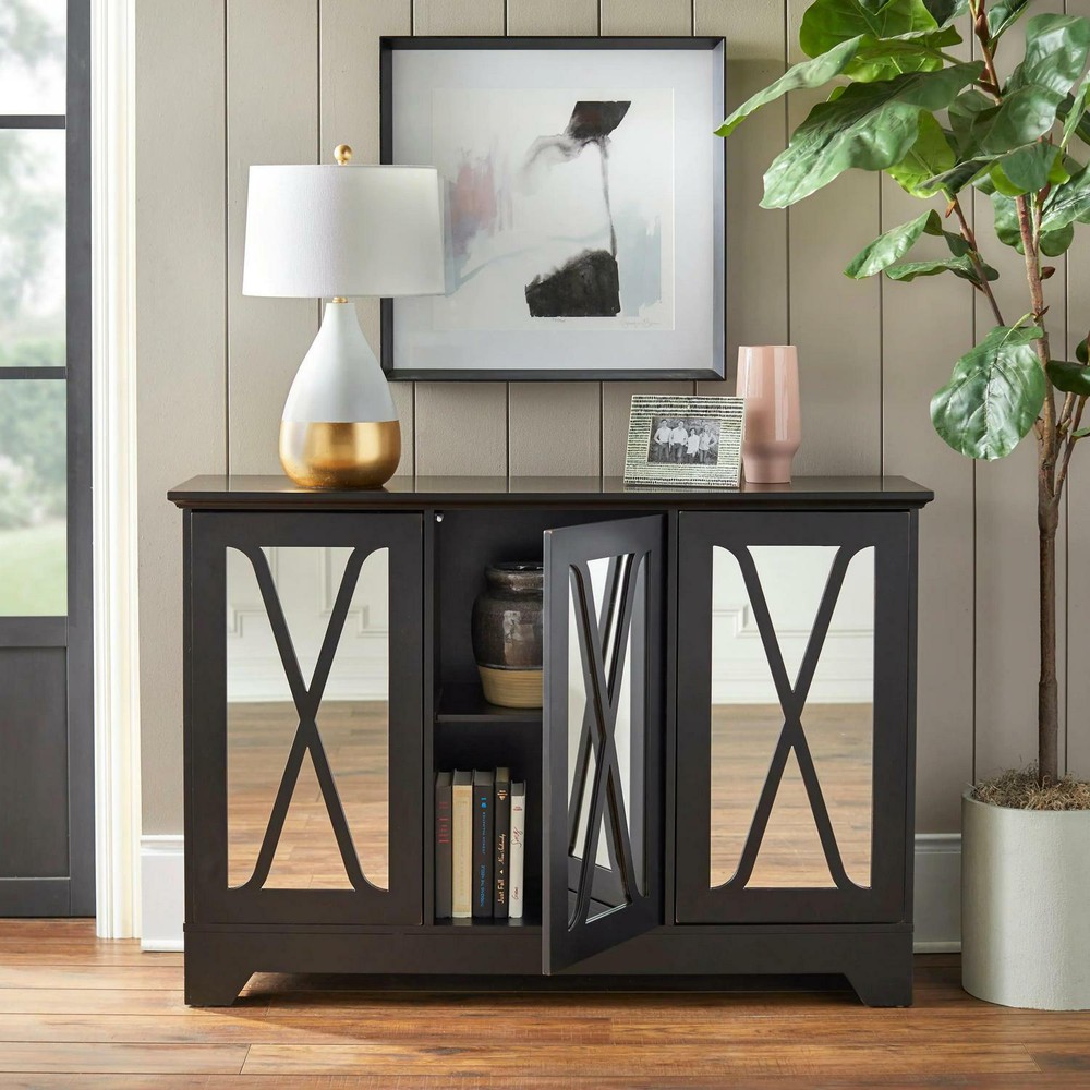 Mirrored Buffet Console Cabinet Storage Center Antique White Distressed Finished