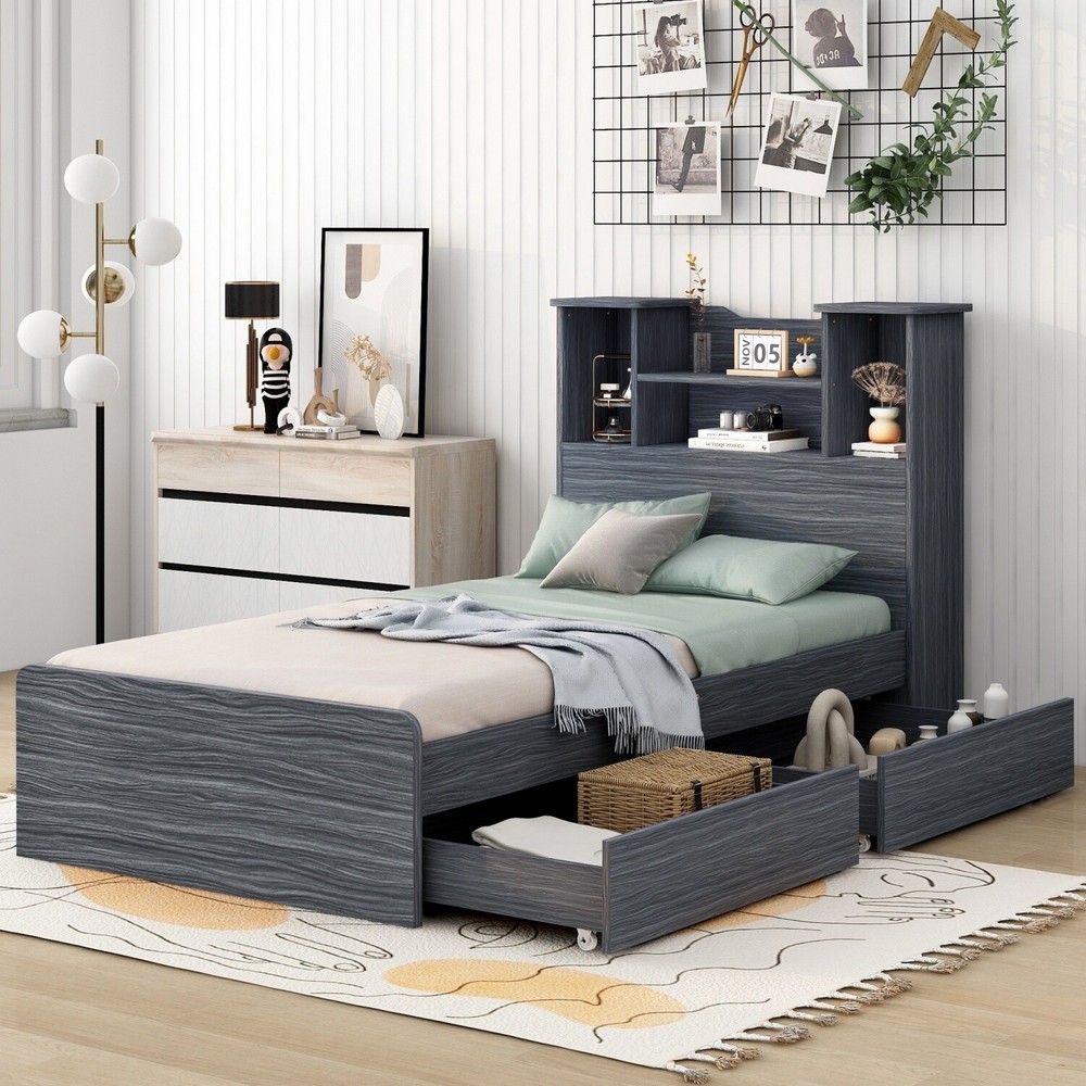 Twin Size Bed Frame Wood Platform Bed w/ Storage Shelves & Drawer & LED Light