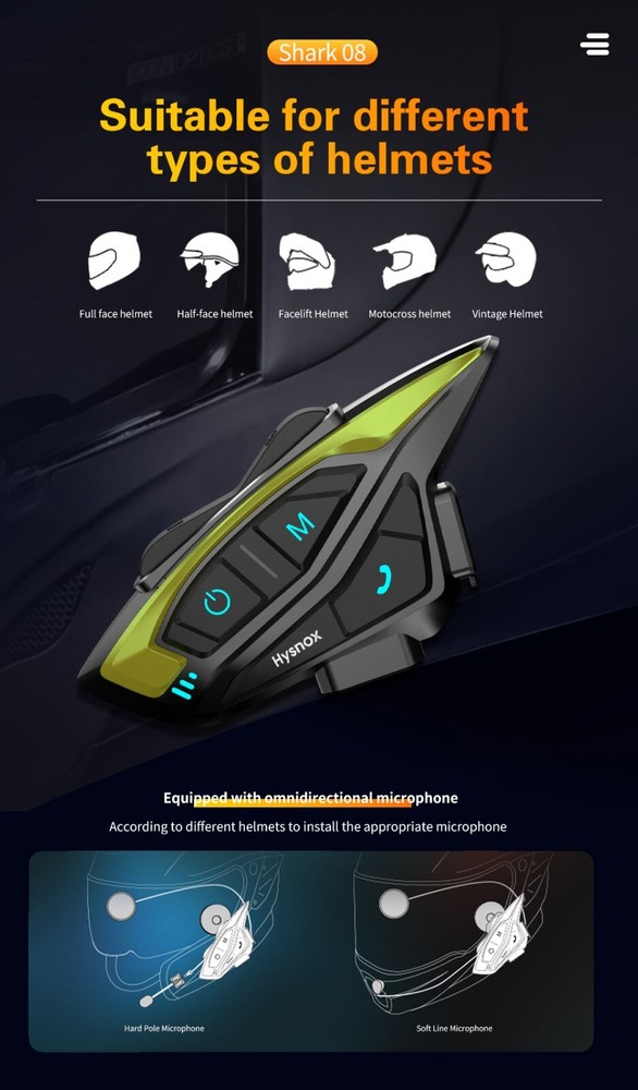 Hysnox Motorcycle Helmet Bluetooth Headset Shark-08