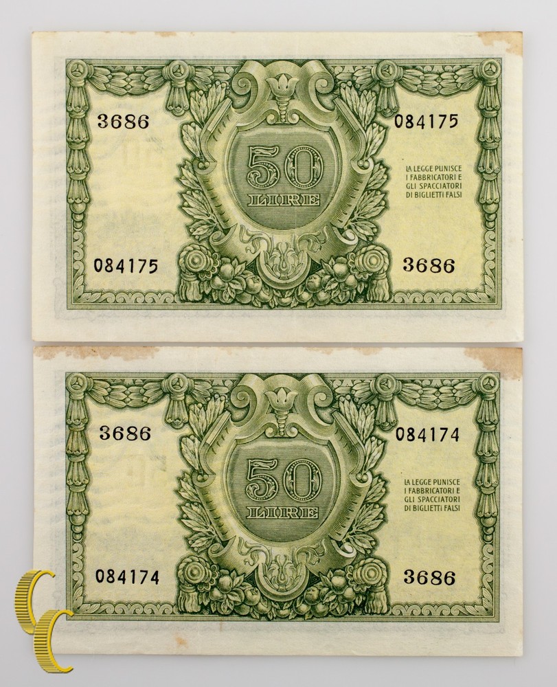 1951 Italy 2 Sequentially Numbered 50 Lire (AU) About Uncirculated Condition