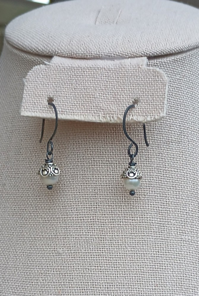 Artisan Blackened Sterling Silver & Pearl Earrings, NEW