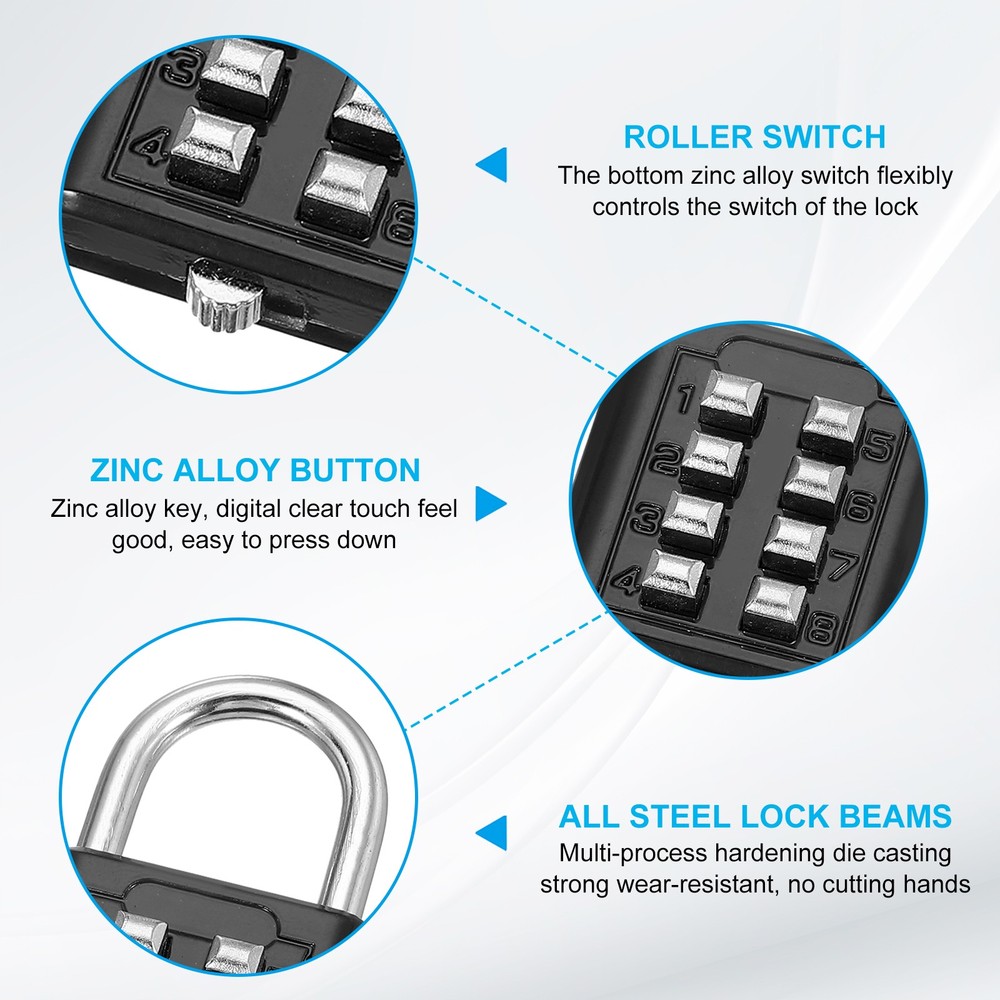 2Pcs Push Button Combination Padlock 8-Digit 4-Position Lock Black