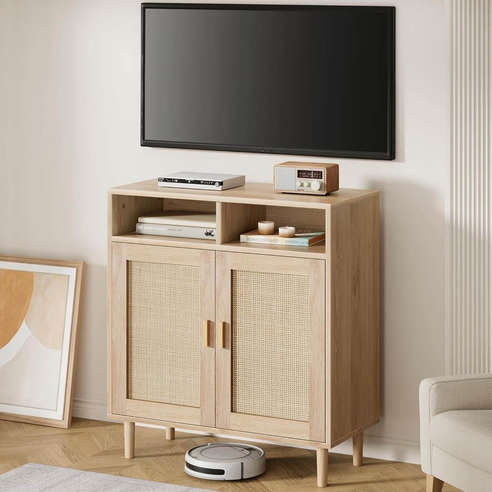 Rattan Sideboard Cabinet with 2 Doors & Shelf Modern Buffet Storage for Kitchen