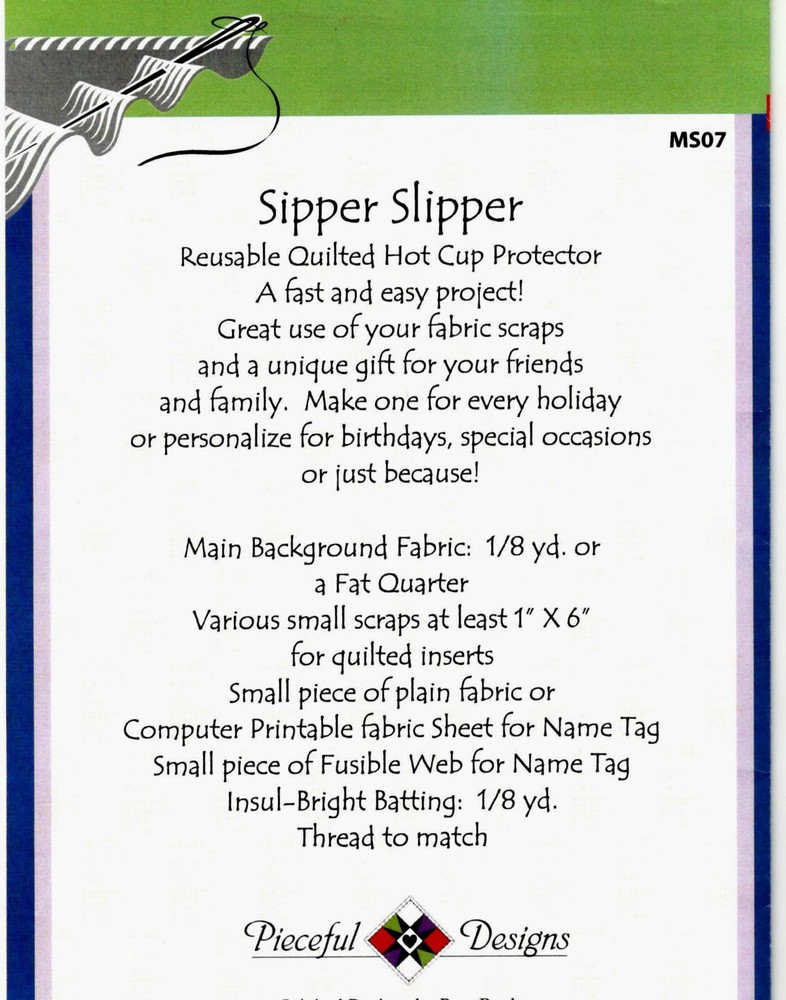 Sipper Slipper Reusable Hot Cup Protector Pattern by Pieceful Designs MS07
