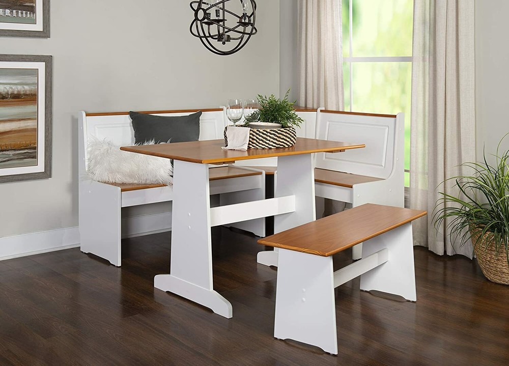 3 pc White Wood Top Breakfast Nook Dining Set Corner Booth Bench Kitchen Table