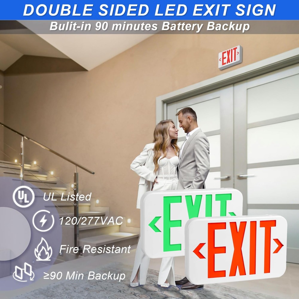 Red/Green LED Exit Sign, Commercial Emergency Exit Light with Battery Backup,...
