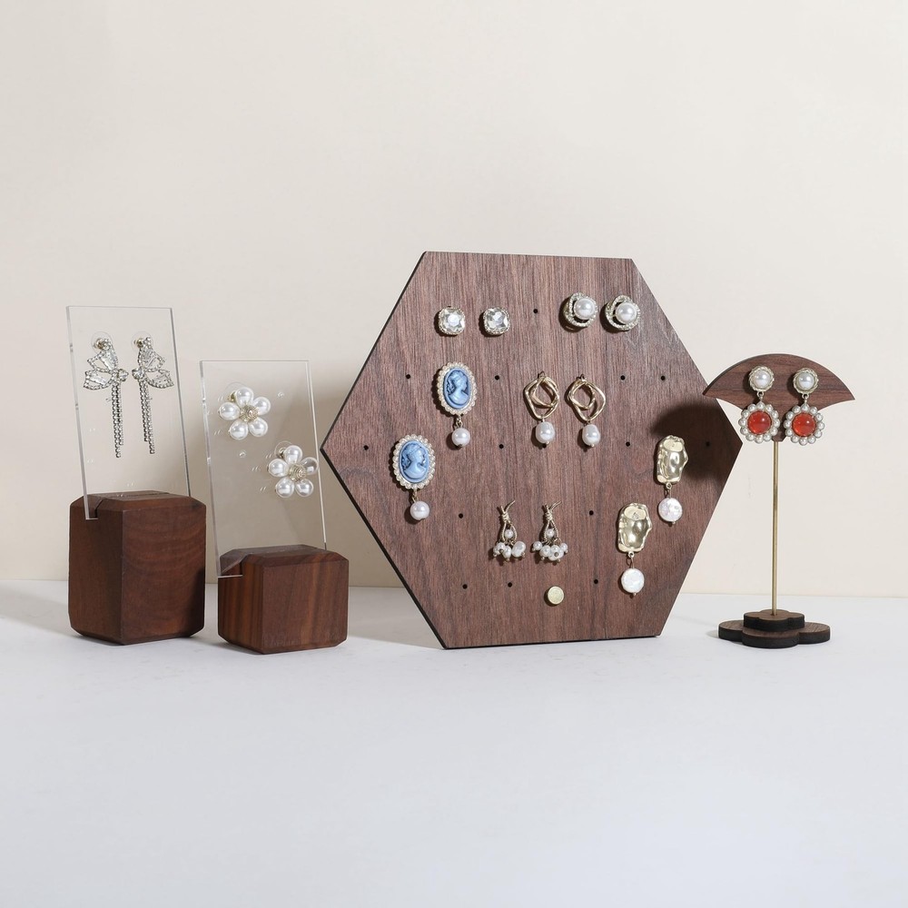GemeShou Walnut earring organizer board, Hexagon sharp earring display stand ...
