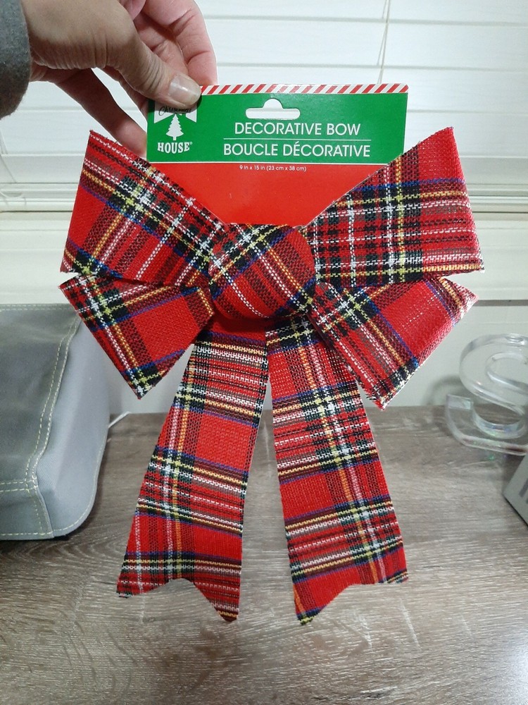 Large Christmas Bow, Red Green Plaid Christmas Decor, plastic