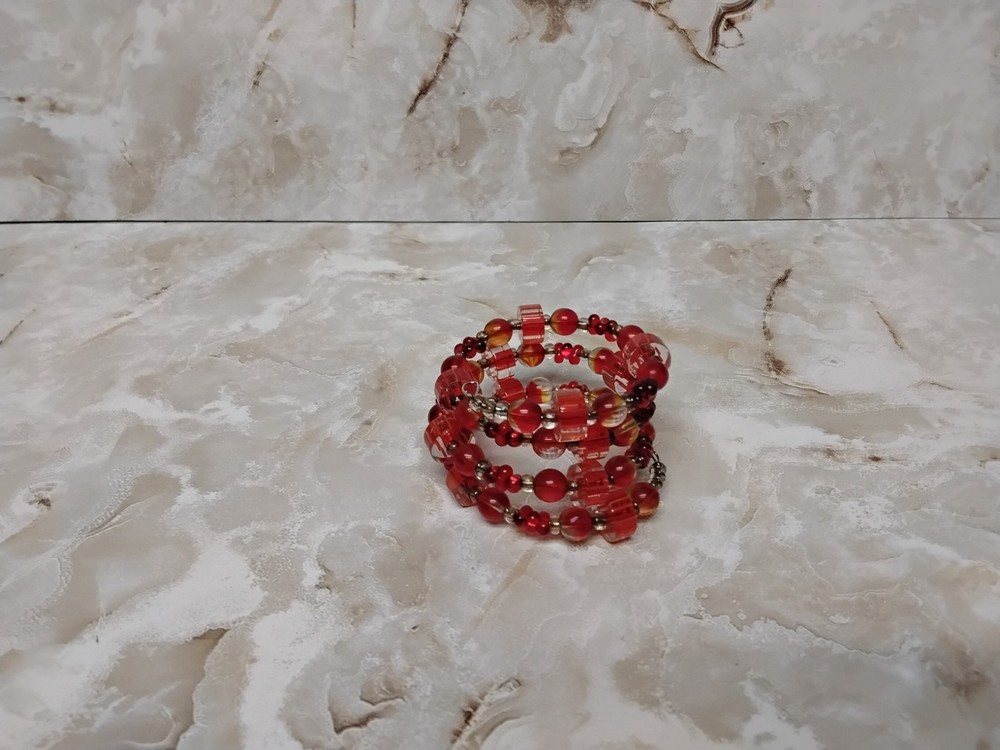 Handmade Memory Wire Bracelet - Red Accented Glass
