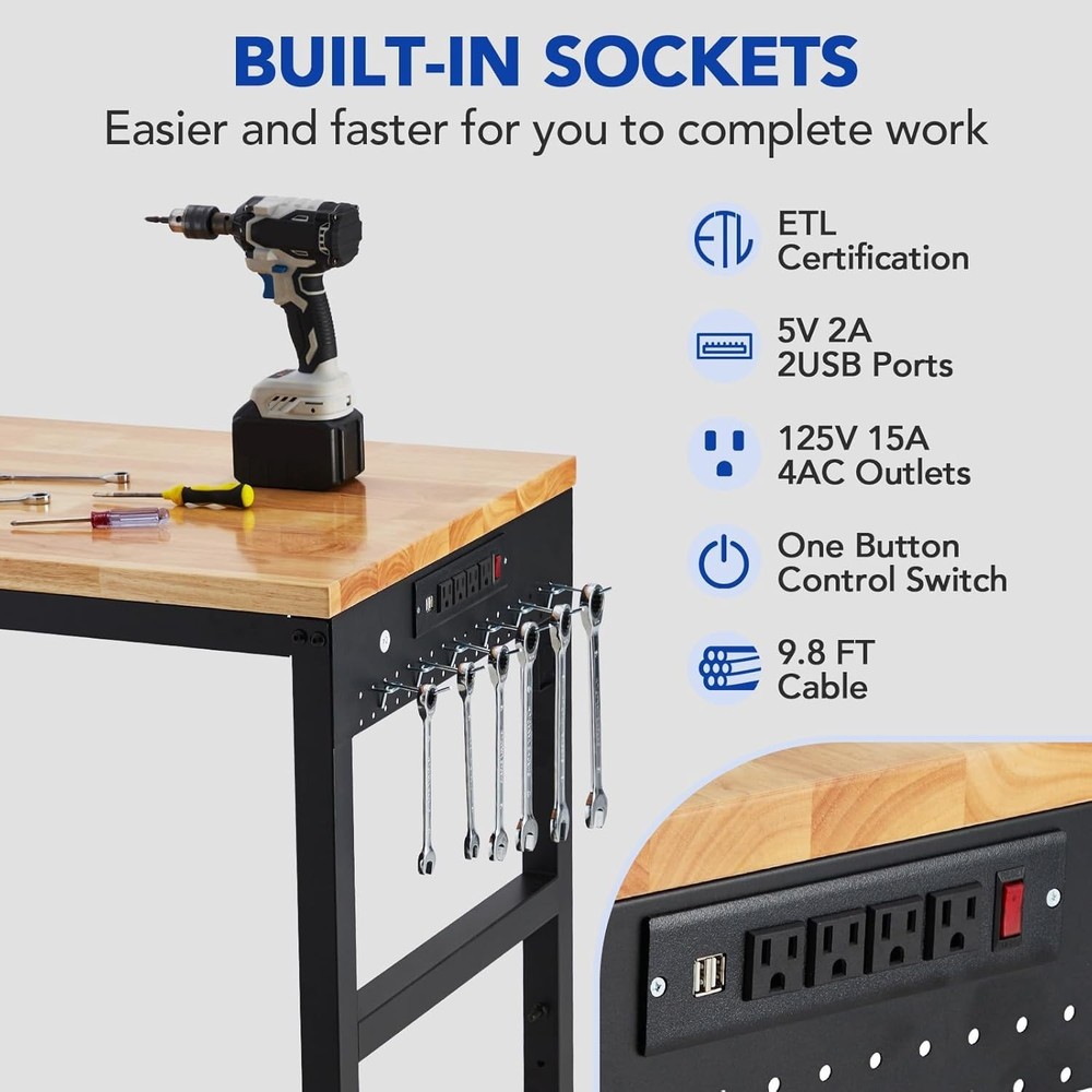 Adjustable Height Workbench 72"L x 25"W Work Bench Table w/ Power Outlets 2000 L