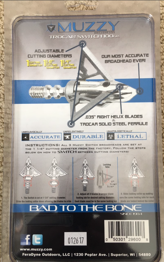 Muzzy Trocar Switch Adjustable Cutting Diameter 3 Blade 100 Grain ( 4 ) - Packs