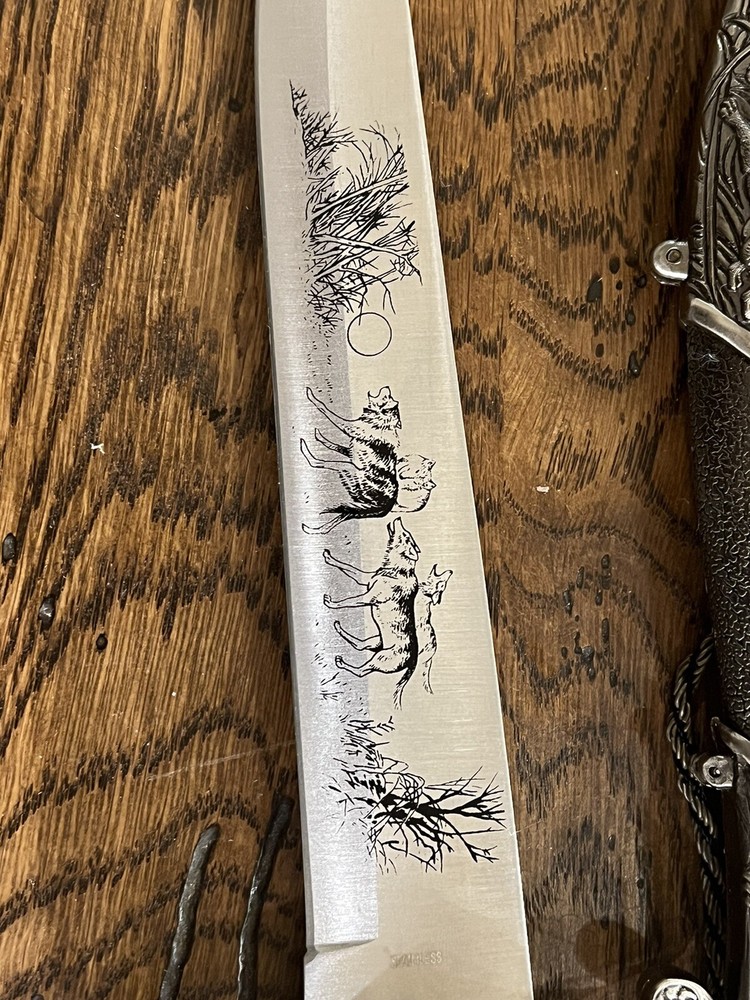 Pewter Hunting Dagger With Decorative Wolves