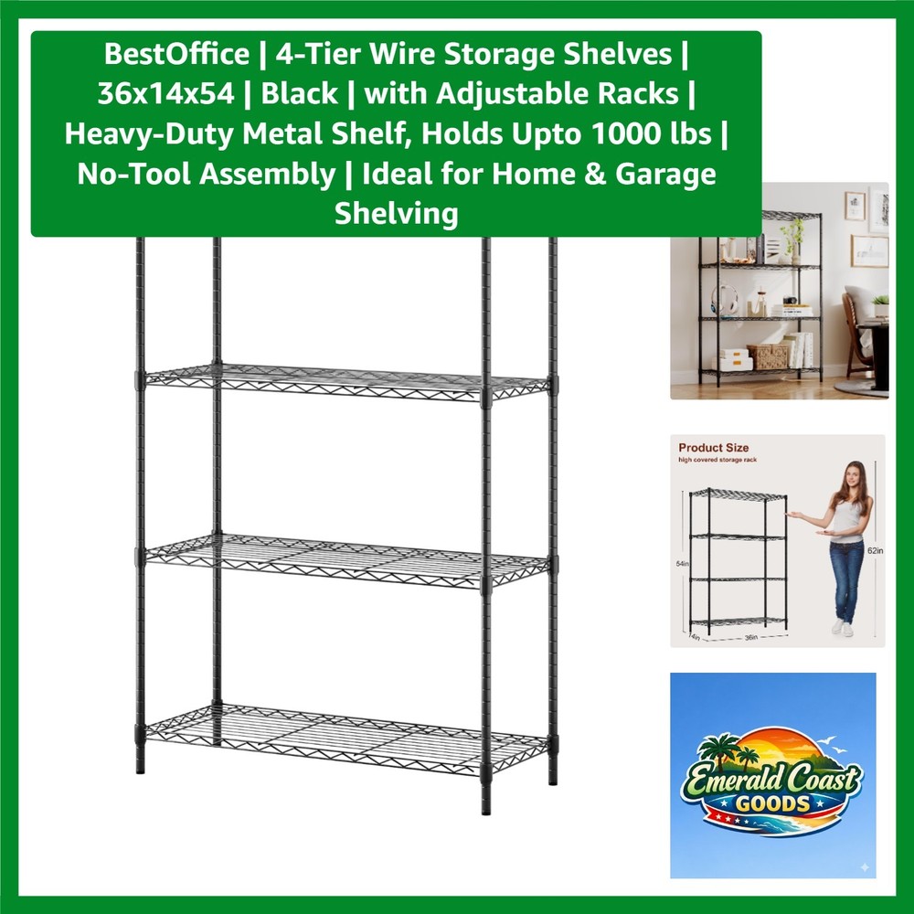 Durable 4-Tier Adjustable Metal Shelving Unit | 36x14x54 | 1000 lbs Capacity
