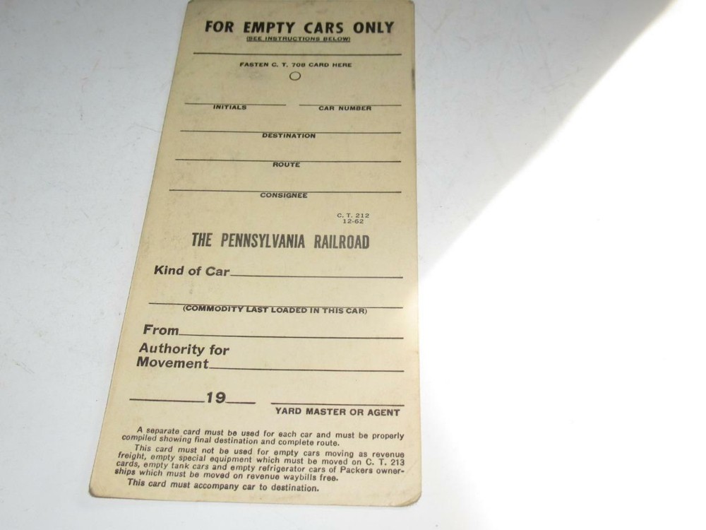 PENNSYLVANIA RR EMPTY CAR INFORMATION CARD  - M45