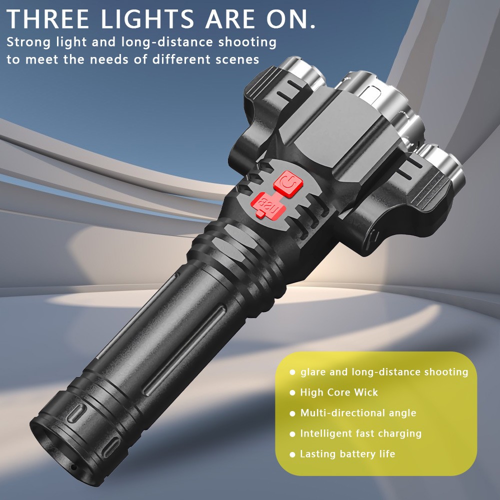 Super Bright 3 Head LED Flashlight Rechargeable Tactical Flashlights Work Light