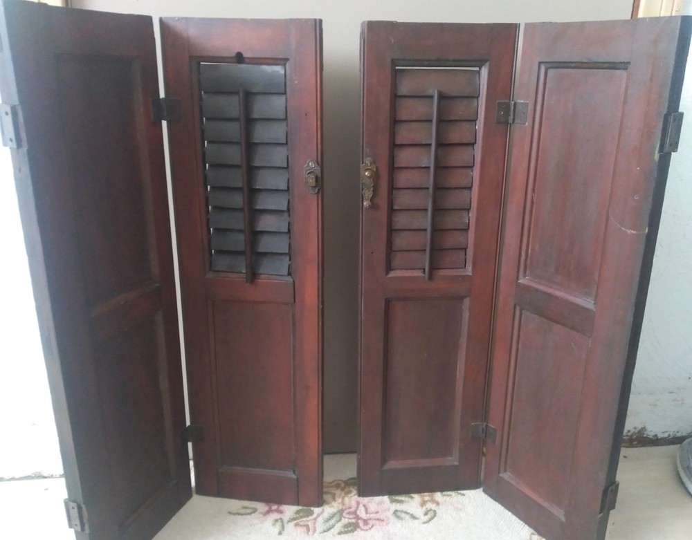 Antique Bi-Fold Solid Wood Victorian Louver Window Shutters Rustic Decor