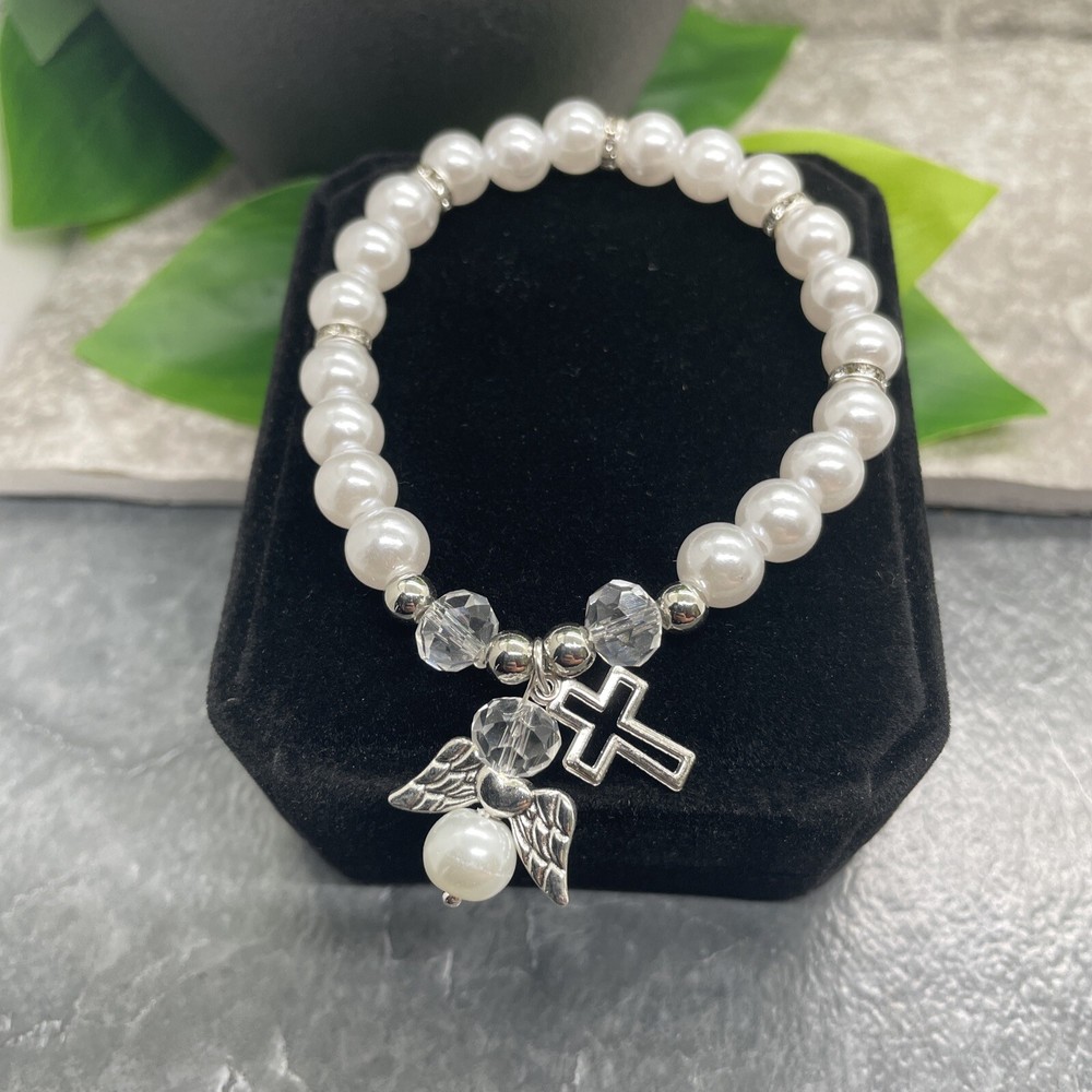 Handmade Beaded Stackable 6.5" Plus Stretch Bracelet New Cross Angel A1602