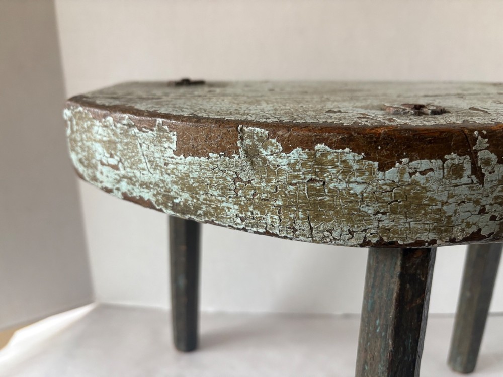 Antique Blue Painted Primitive 3 Legged Milking Stool Old Construction