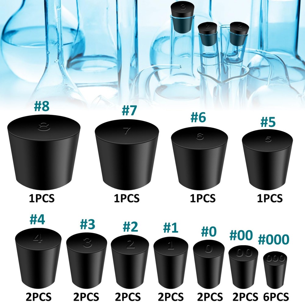 Rubber Stopper - 22 Pcs Solid, 11 Assorted Sizes 000# - 8# Tapered Lab Seal