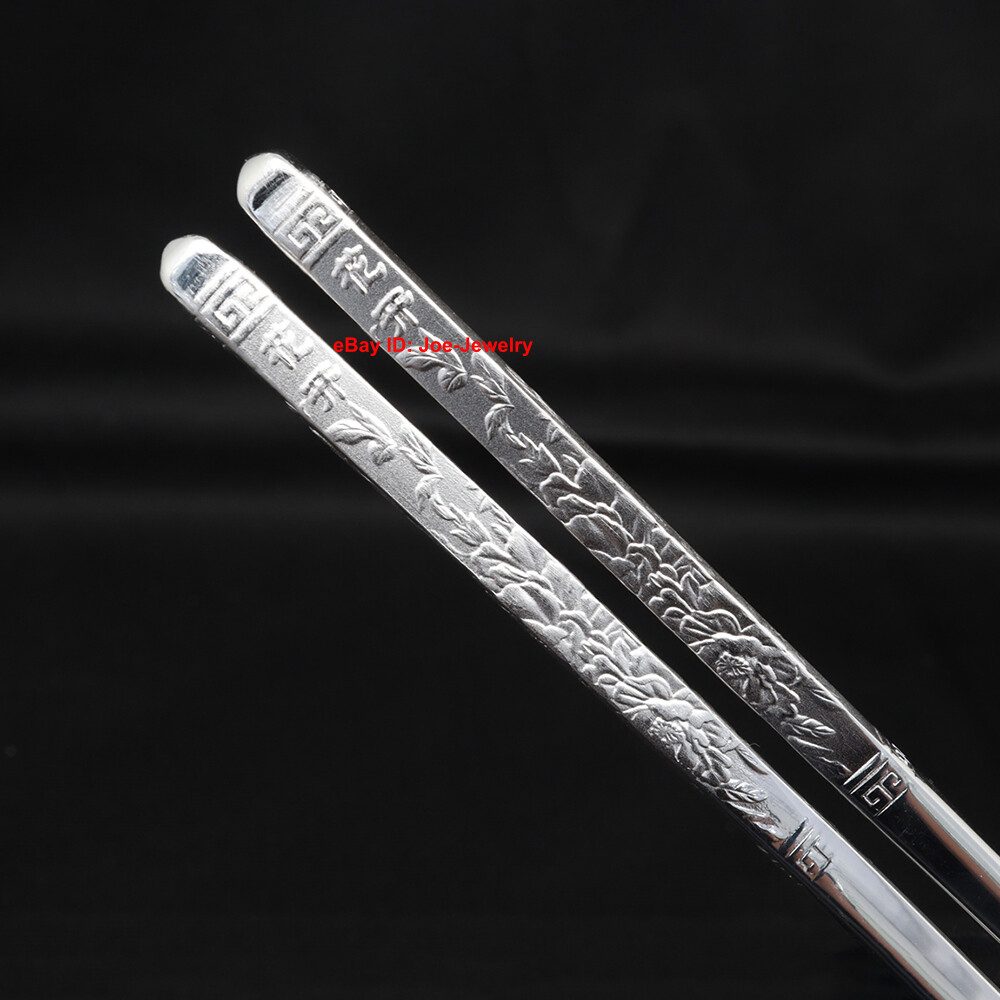 Real 999 Fine Silver Chopsticks Solid Silver Healthy Tableware Peony PatternGIFT