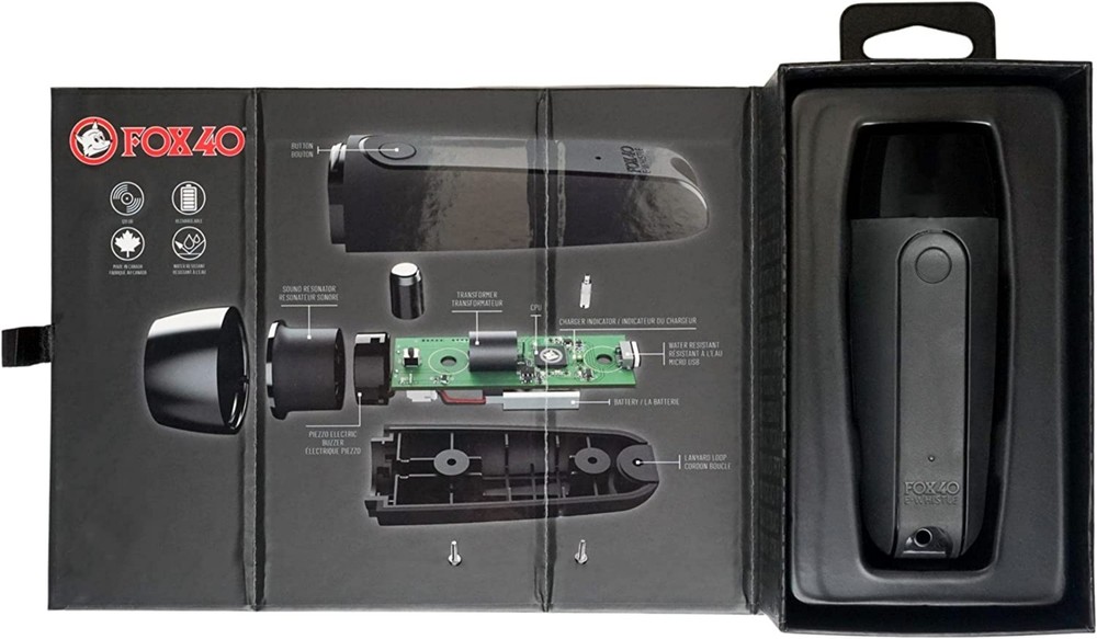 Fox 40 Rechargeable Electronic Whistle + Lanyard, Black