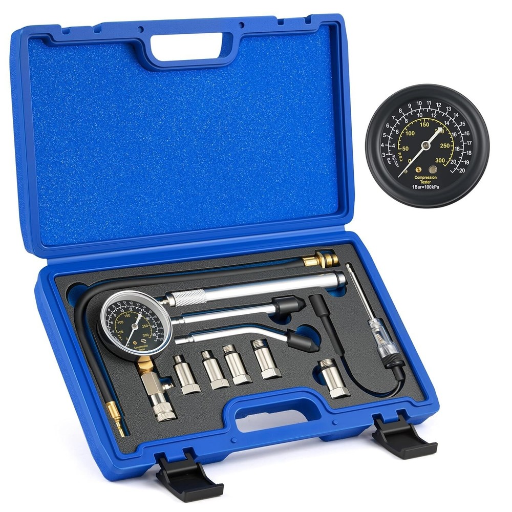Precision Engine Cylinder Compression Tester - 11 pc Kit with Adapters and Gauge