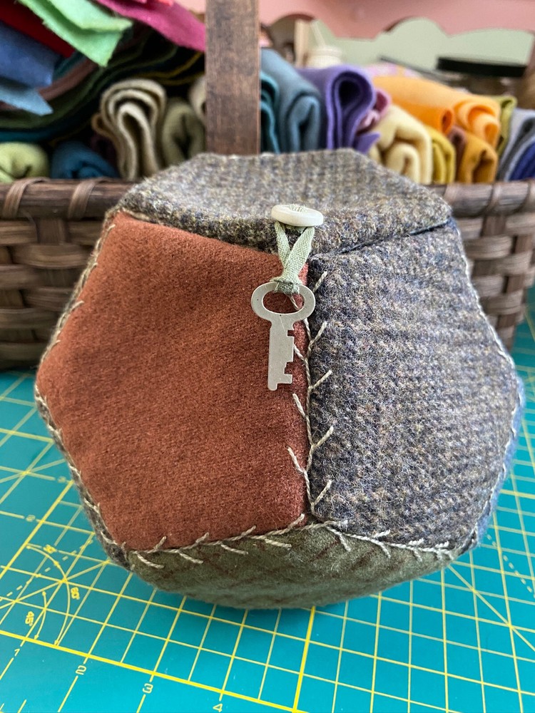 Primitive Wool Sewing Box - Hand Pieced Pentagon Shapes