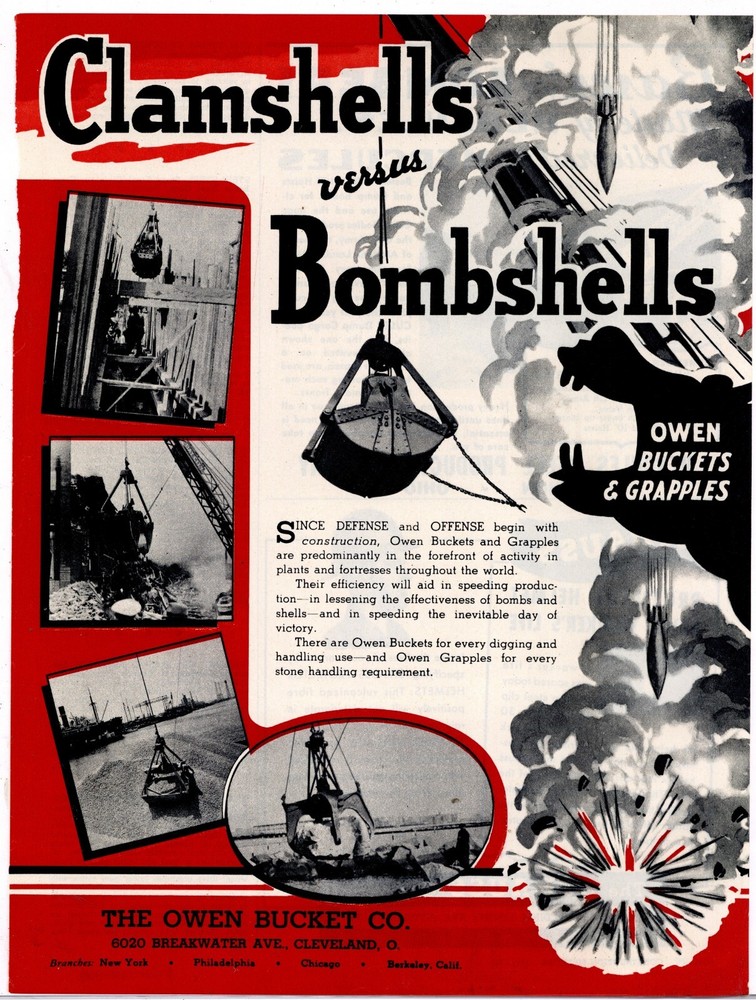 1943 Owen Bucket Co. Ad: Clamshells versus Bombshells - World War Two Theme