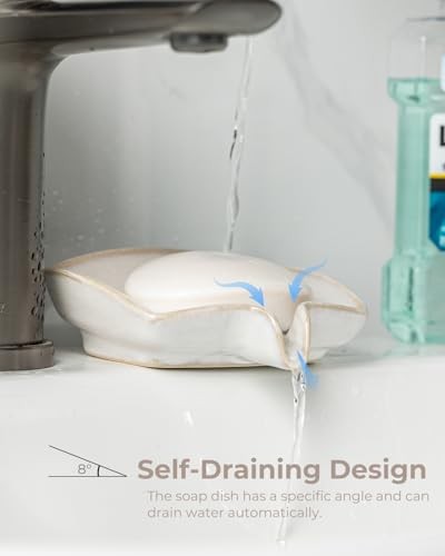 Soap Dishes, Ceramic Shower Soap Dish with Waterfall Rectangular Beige White