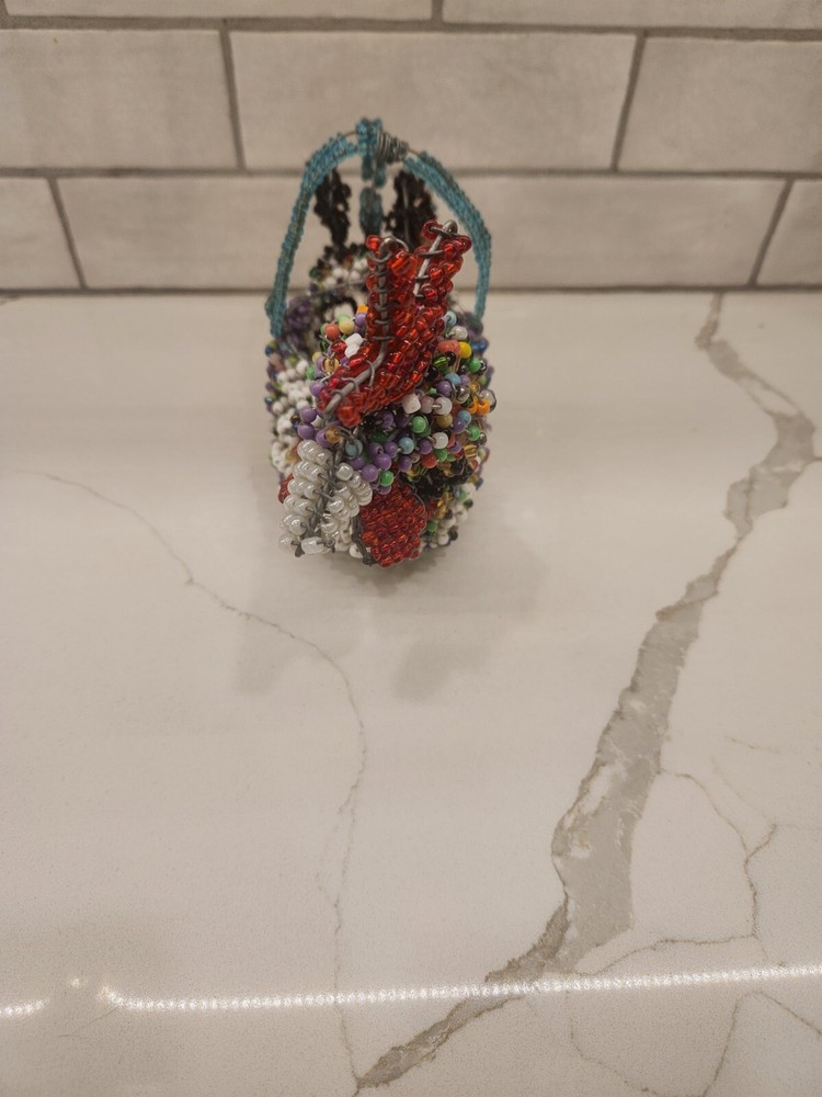 Multicolored Wire Hand Beaded Rooster Basket With Beaded Handle Maker Unknown