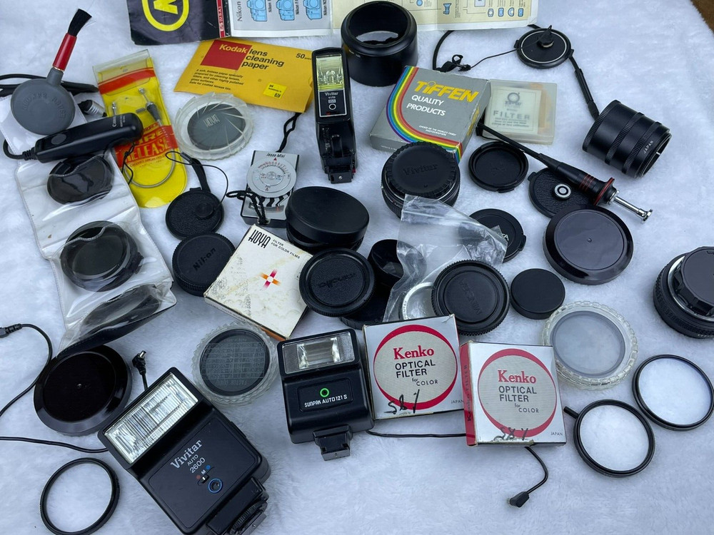 Camera Gear Lot Nikon System Chart Flash Shutter Release Cable Filters Caps SEE