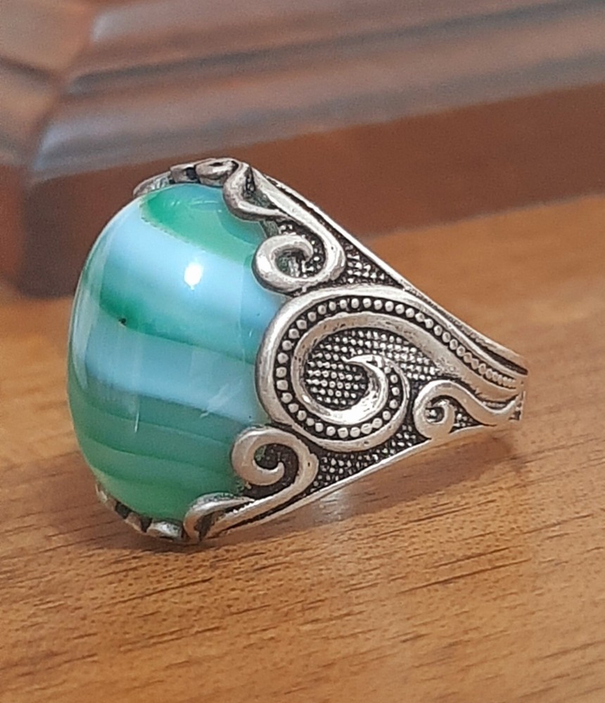925 Silver Ring Solitaire Seal Rainbow Agate Ring Man Sterling Agate $
