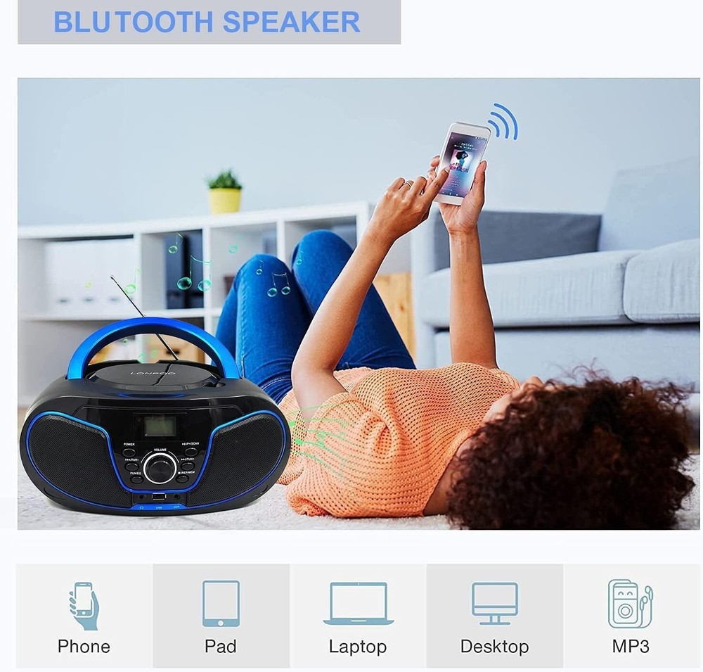 Compact CD Player Boombox with Bluetooth, AUX & Headphone Jack - Modern Design