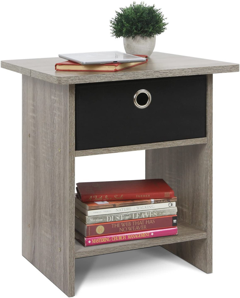 End Table / Side Table / Night Stand with Bin Drawer, Oak Grey/Black