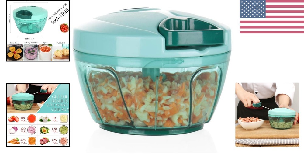 Compact Blue Vegetable Chopper - Adjustable Speed Manual Food Processor, 500ml