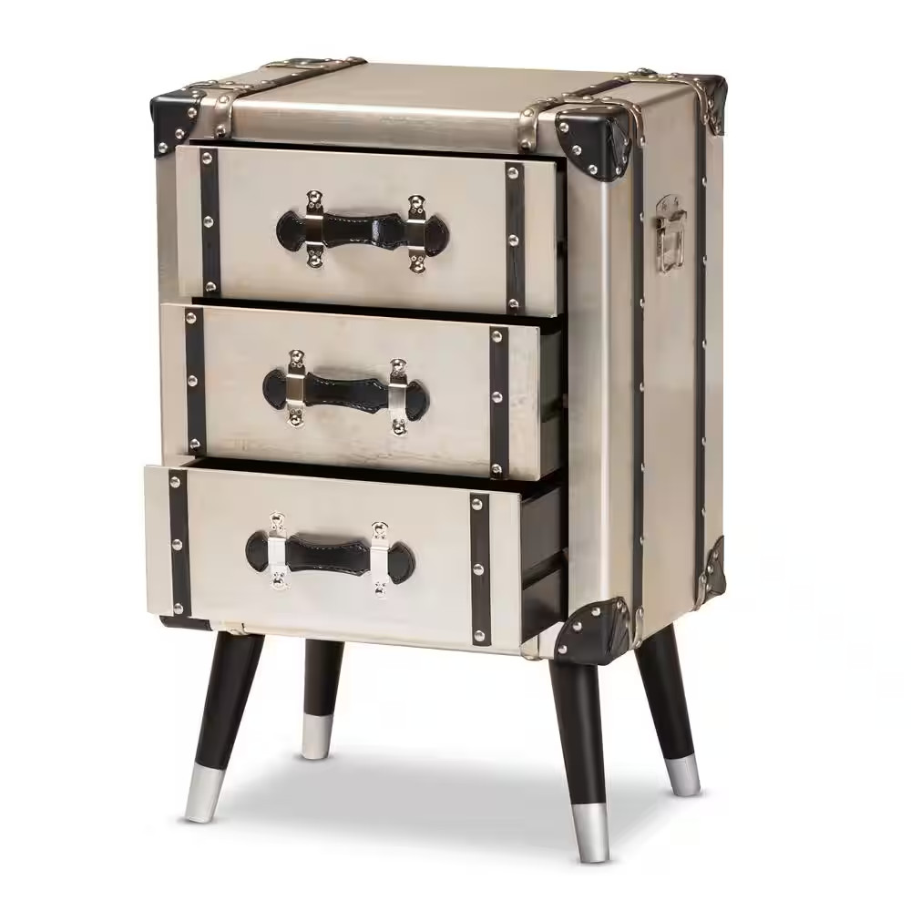 Dilan 3-Drawer Silver Trunk Nightstand