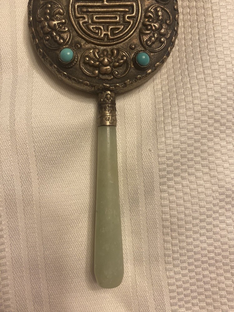 Chinese Hand Held Mirror Jade Handle