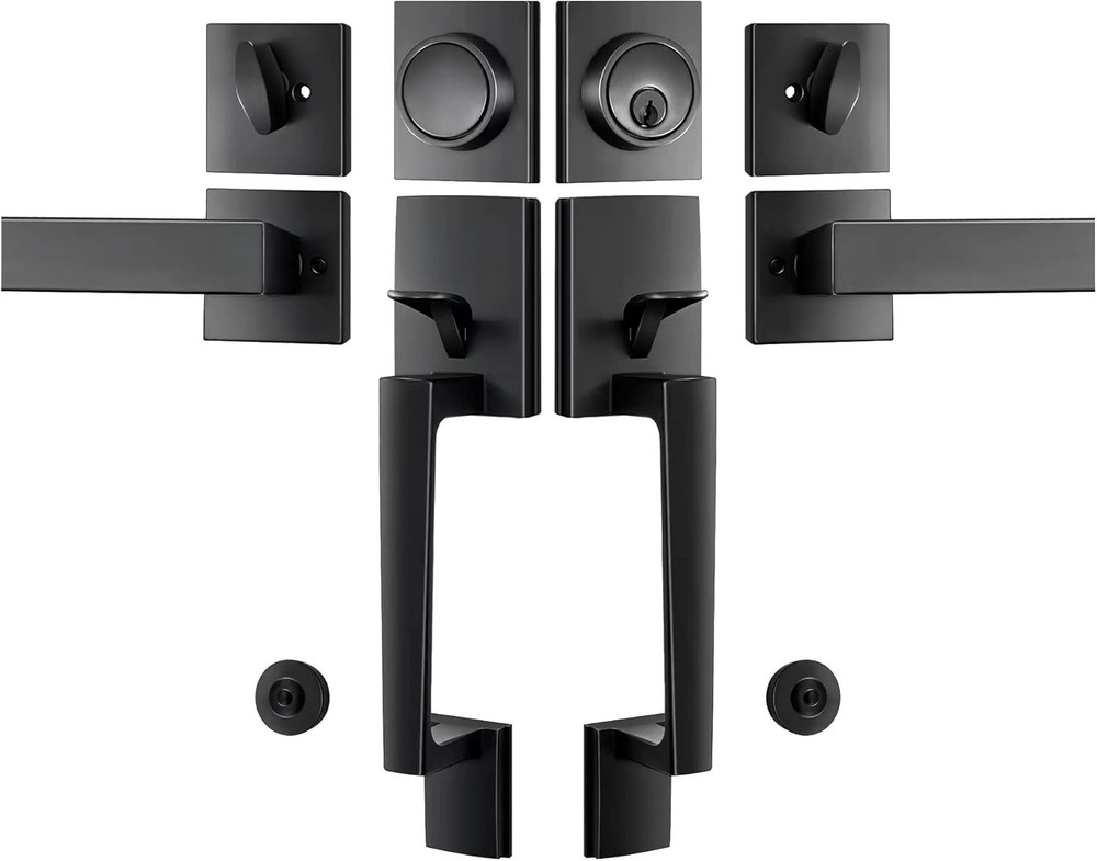 Matte Black Double Front Door Handle Lock Set with Keyed & Dummy Handle