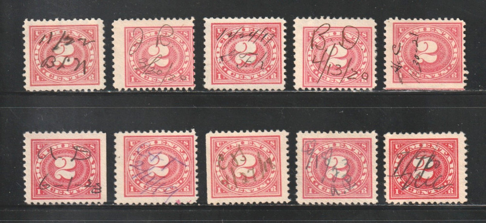 Scott # 229, Used, 2¢ Documentary, Manuscript Cancels, 10 Different